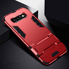 Silicone Matte Finish and Plastic Back Cover Case with Stand R02 for Samsung Galaxy S10 Red
