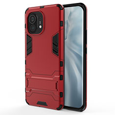 Silicone Matte Finish and Plastic Back Cover Case with Stand R02 for Xiaomi Mi 11 Lite 5G NE Red