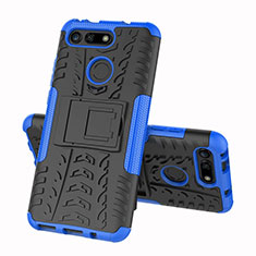 Silicone Matte Finish and Plastic Back Cover Case with Stand R03 for Huawei Honor V20 Blue
