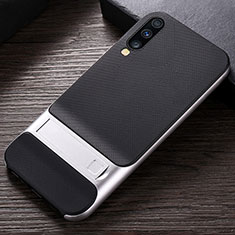 Silicone Matte Finish and Plastic Back Cover Case with Stand R03 for Samsung Galaxy A70 Silver