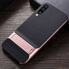 Silicone Matte Finish and Plastic Back Cover Case with Stand R03 for Samsung Galaxy A70S Rose Gold