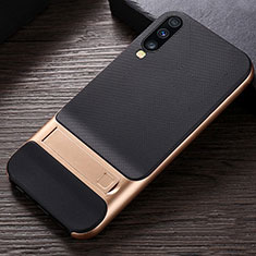 Silicone Matte Finish and Plastic Back Cover Case with Stand R03 for Samsung Galaxy A90 5G Gold