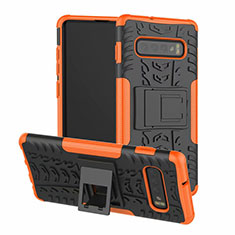 Silicone Matte Finish and Plastic Back Cover Case with Stand R03 for Samsung Galaxy S10 Plus Orange