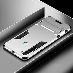Silicone Matte Finish and Plastic Back Cover Case with Stand R03 for Xiaomi Redmi Note 8 Silver