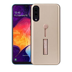 Silicone Matte Finish and Plastic Back Cover Case with Stand R04 for Samsung Galaxy A70 Gold