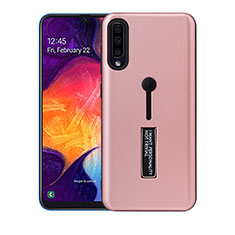 Silicone Matte Finish and Plastic Back Cover Case with Stand R04 for Samsung Galaxy A70 Rose Gold