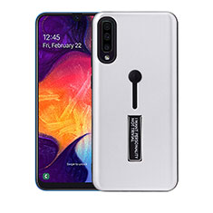 Silicone Matte Finish and Plastic Back Cover Case with Stand R04 for Samsung Galaxy A70 Silver