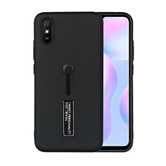 Silicone Matte Finish and Plastic Back Cover Case with Stand R05 for Xiaomi Redmi 9A Black