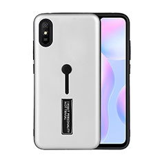Silicone Matte Finish and Plastic Back Cover Case with Stand R05 for Xiaomi Redmi 9A Silver