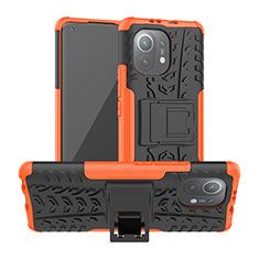 Silicone Matte Finish and Plastic Back Cover Case with Stand R06 for Xiaomi Mi 11 5G Orange