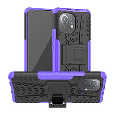 Silicone Matte Finish and Plastic Back Cover Case with Stand R06 for Xiaomi Mi 11 5G Purple