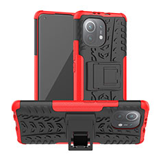 Silicone Matte Finish and Plastic Back Cover Case with Stand R06 for Xiaomi Mi 11 5G Red