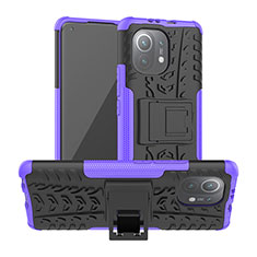 Silicone Matte Finish and Plastic Back Cover Case with Stand R06 for Xiaomi Mi 11 Lite 4G Purple