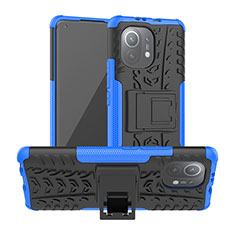 Silicone Matte Finish and Plastic Back Cover Case with Stand R06 for Xiaomi Mi 11 Lite 5G NE Blue