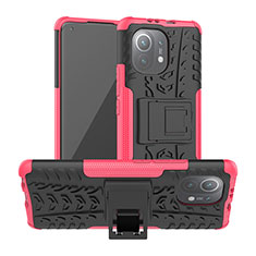 Silicone Matte Finish and Plastic Back Cover Case with Stand R06 for Xiaomi Mi 11 Lite 5G NE Hot Pink