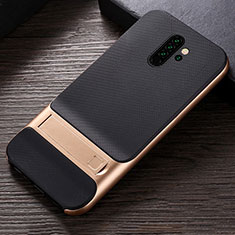 Silicone Matte Finish and Plastic Back Cover Case with Stand R06 for Xiaomi Redmi Note 8 Pro Gold