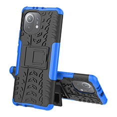 Silicone Matte Finish and Plastic Back Cover Case with Stand R07 for Xiaomi Mi 11 5G Blue