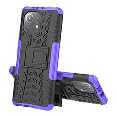 Silicone Matte Finish and Plastic Back Cover Case with Stand R07 for Xiaomi Mi 11 5G Purple