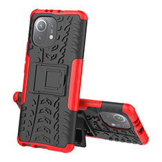 Silicone Matte Finish and Plastic Back Cover Case with Stand R07 for Xiaomi Mi 11 5G Red
