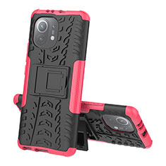 Silicone Matte Finish and Plastic Back Cover Case with Stand R07 for Xiaomi Mi 11 Lite 5G NE Hot Pink