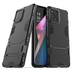 Silicone Matte Finish and Plastic Back Cover Case with Stand T01 for Oppo Find X3 5G Black