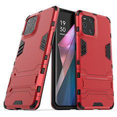 Silicone Matte Finish and Plastic Back Cover Case with Stand T01 for Oppo Find X3 5G Red
