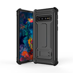 Silicone Matte Finish and Plastic Back Cover Case with Stand T01 for Samsung Galaxy S10 Black