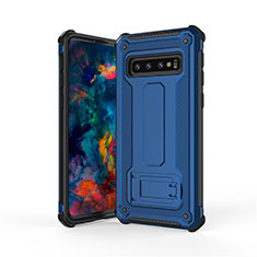 Silicone Matte Finish and Plastic Back Cover Case with Stand T01 for Samsung Galaxy S10 Blue and Black