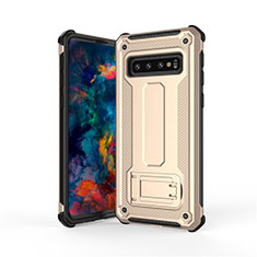 Silicone Matte Finish and Plastic Back Cover Case with Stand T01 for Samsung Galaxy S10 Gold
