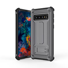 Silicone Matte Finish and Plastic Back Cover Case with Stand T01 for Samsung Galaxy S10 Gray