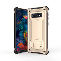 Silicone Matte Finish and Plastic Back Cover Case with Stand T01 for Samsung Galaxy S10e Gold and Black