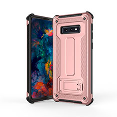Silicone Matte Finish and Plastic Back Cover Case with Stand T01 for Samsung Galaxy S10e Rose Gold