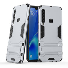 Silicone Matte Finish and Plastic Back Cover Case with Stand T03 for Samsung Galaxy A9 (2018) A920 Silver