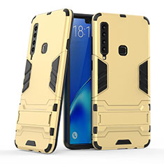 Silicone Matte Finish and Plastic Back Cover Case with Stand T03 for Samsung Galaxy A9s Gold