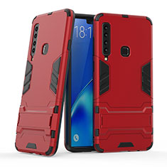 Silicone Matte Finish and Plastic Back Cover Case with Stand T03 for Samsung Galaxy A9s Red
