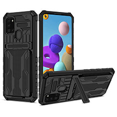 Silicone Matte Finish and Plastic Back Cover Case with Stand YF1 for Samsung Galaxy A21s Black