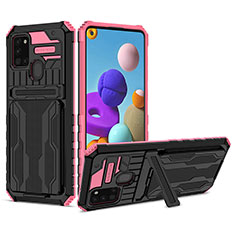Silicone Matte Finish and Plastic Back Cover Case with Stand YF1 for Samsung Galaxy A21s Hot Pink