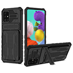 Silicone Matte Finish and Plastic Back Cover Case with Stand YF1 for Samsung Galaxy A51 4G Black