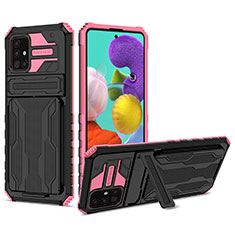 Silicone Matte Finish and Plastic Back Cover Case with Stand YF1 for Samsung Galaxy A51 5G Hot Pink