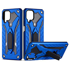 Silicone Matte Finish and Plastic Back Cover Case with Stand YF2 for Samsung Galaxy A12 Nacho Blue