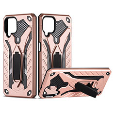 Silicone Matte Finish and Plastic Back Cover Case with Stand YF2 for Samsung Galaxy F12 Rose Gold