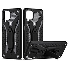Silicone Matte Finish and Plastic Back Cover Case with Stand YF2 for Samsung Galaxy M12 Black