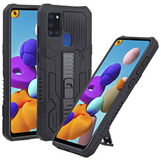 Silicone Matte Finish and Plastic Back Cover Case with Stand ZJ1 for Samsung Galaxy A21s Black