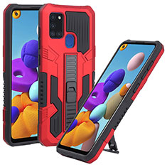 Silicone Matte Finish and Plastic Back Cover Case with Stand ZJ1 for Samsung Galaxy A21s Red