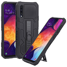 Silicone Matte Finish and Plastic Back Cover Case with Stand ZJ1 for Samsung Galaxy A50 Black