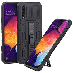 Silicone Matte Finish and Plastic Back Cover Case with Stand ZJ1 for Samsung Galaxy A50S Black