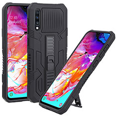 Silicone Matte Finish and Plastic Back Cover Case with Stand ZJ1 for Samsung Galaxy A70S Black