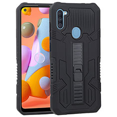 Silicone Matte Finish and Plastic Back Cover Case with Stand ZJ1 for Samsung Galaxy M11 Black