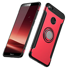 Silicone Matte Finish and Plastic Back Cover with Finger Ring Stand for Huawei Honor 9 Lite Red