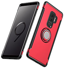 Silicone Matte Finish and Plastic Back Cover with Finger Ring Stand for Samsung Galaxy S9 Plus Red